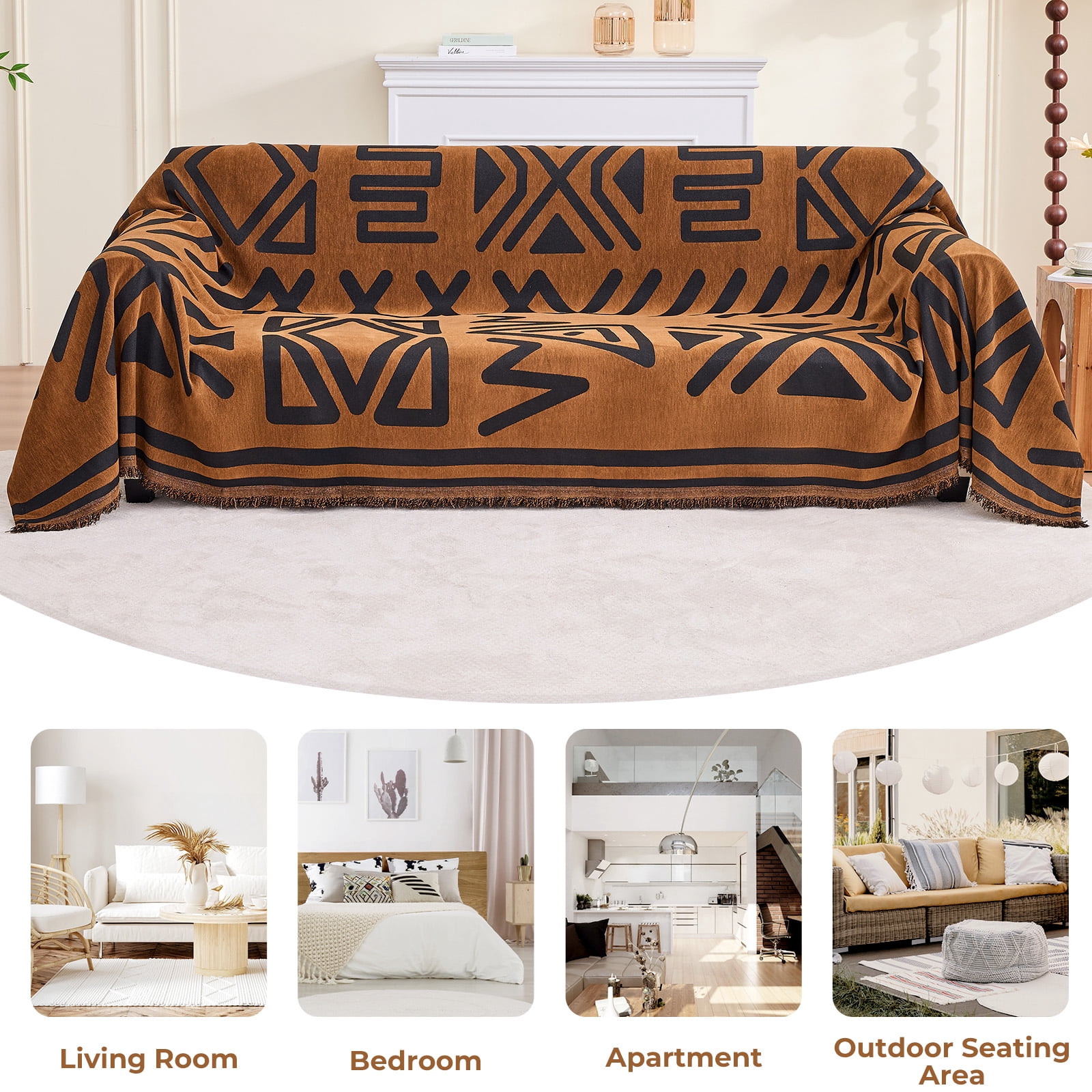 Sanmadrola Boho Sofa Cover Chenille Couch Covers Blanket Furniture Protector for Sectional Sofa, Anti Slip Couch Covers for 2 Cushion Couch, Washable Slipcover for Dog (Dark Brown, 71"x102")