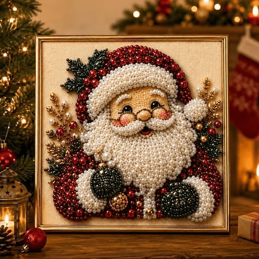 1 PC Diy Christmas Pearl Painting Art Kit Framed Santa Full Round Pearl Diamond Canvas Picture Sparkling Rhinestone Wall Ornament for Home Xmas Holiday Diy Craft Decor