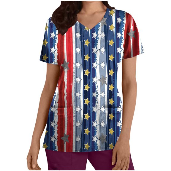 IROINNID Short Sleeve T-Shirt For Women Pocket Work wear Top V-Neck Women Tops Independence Day