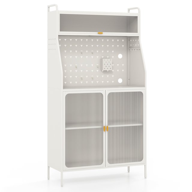 Patiojoy 5-Tier Metal Baker's Rack Kitchen Pantry Cabinet w/ See-through Flip-up Door Pegboard Adjustable Shelf White