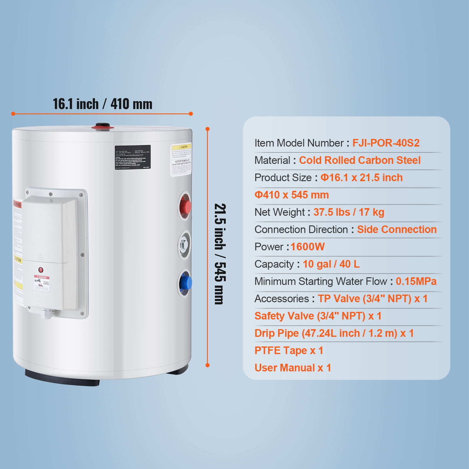 KFFKFF 10-Gallon Electric Tank Water Heater, 1.6kW Point-of-Use Hot Water System with LED Heating Indicator, Knob Control, 120V Storage Design, T&P Valve for Small Spaces, RVs