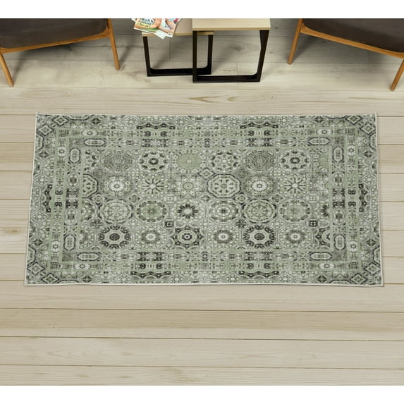 Vintage Decorative Rug, Bohemian Inspired Mandala Look Floral Ornaments in Octagon Cells Pattern, Quality Carpet for Bedroom Dorm and Living Room, 6 Sizes, Pale Green, by Ambesonne