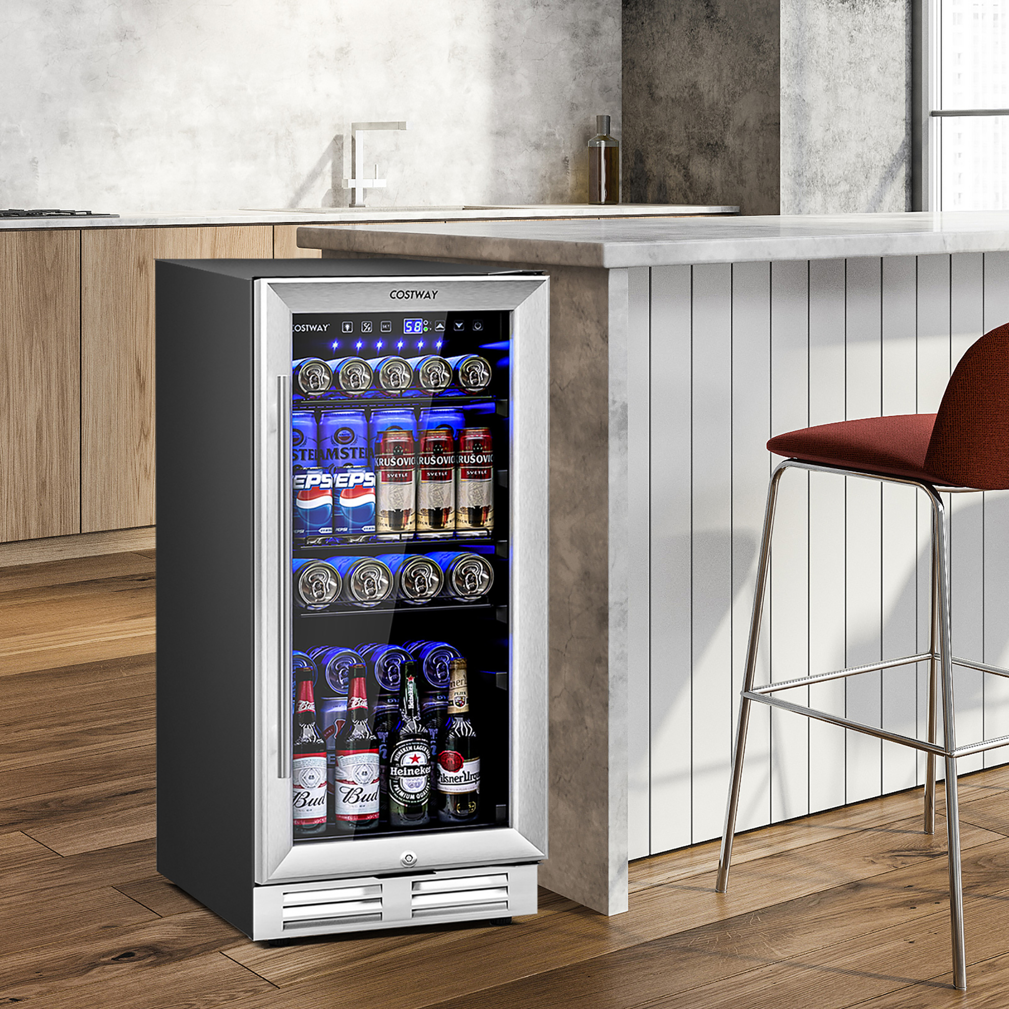Costway 15 Inch Beverage Refrigerator, Built-in Beverage Cooler w/ Double-Layer Tempered Glass Door