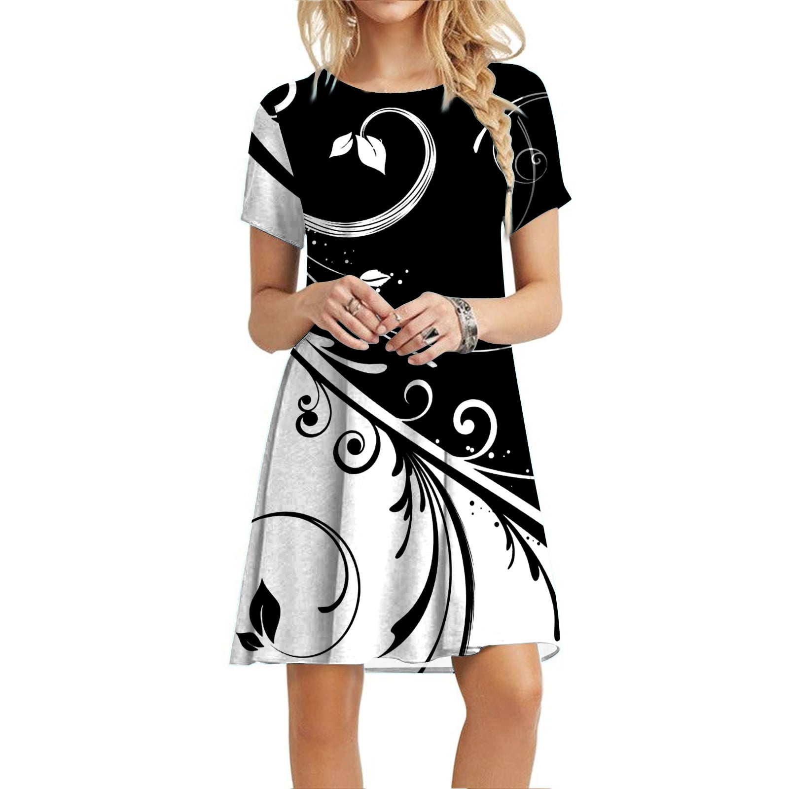 QIPOPIQ Womens Dresses Long Flowy Tiered Dress Short Sleeve Casual Dresses Plain Loose Summer Dress Loose Dress Floral Print Sunflower Print Dress 2023 Deals Walmart