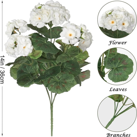 ZFSBZBS 14" Artificial White Faux Geraniums ,1 Bundles UV Resistant Fake Geraniums Flowers Silk Faux Plants for Planters Hanging Basket Window Front Porch Garden Patio Decor Cemetery Decor (White)