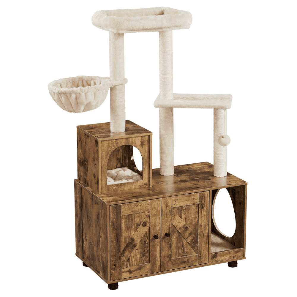Yaheetech 53in Litter Box Enclosure with Cat Tree Tower, Rustic Brown/Beige