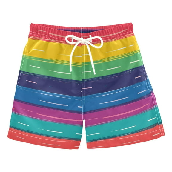 ALAZA Boys Swim Trunks Rainbow Stripes Pattern Beach Board Shorts Drawstring Swimsuit S