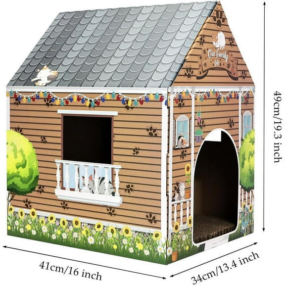 Cardboard  House with Scratch Pad for Indoor Cats - Large Playhouse with Wooden Design