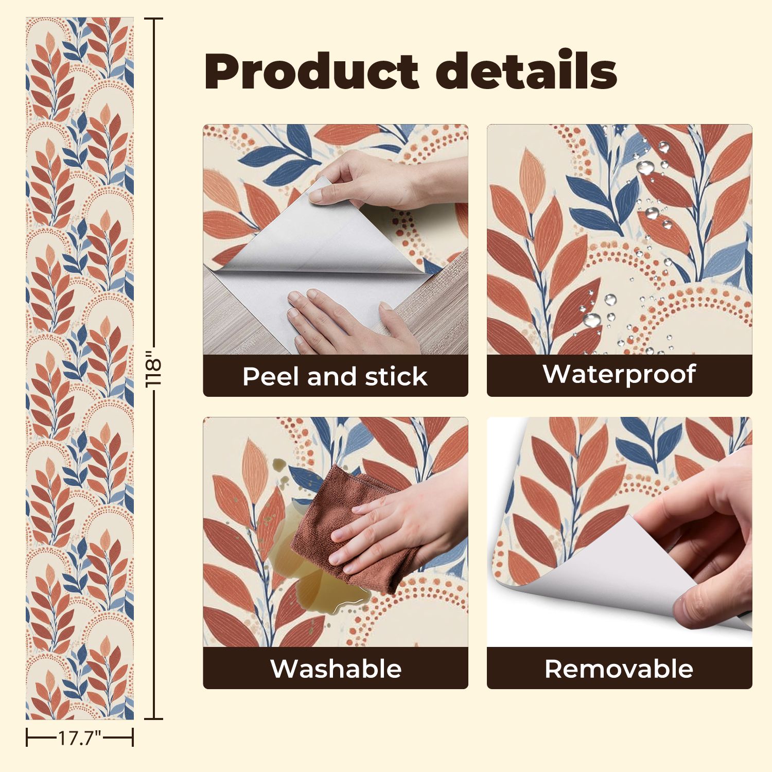 Peel and Stick Wallpaper 17.7in x 9.8ft Abstract Floral Terracotta Blue Leaves Beige Contact Paper Vinyl Self-Adhesive Removable Wall Paper for Bedroom Nursery Bathroom Renter Friendly