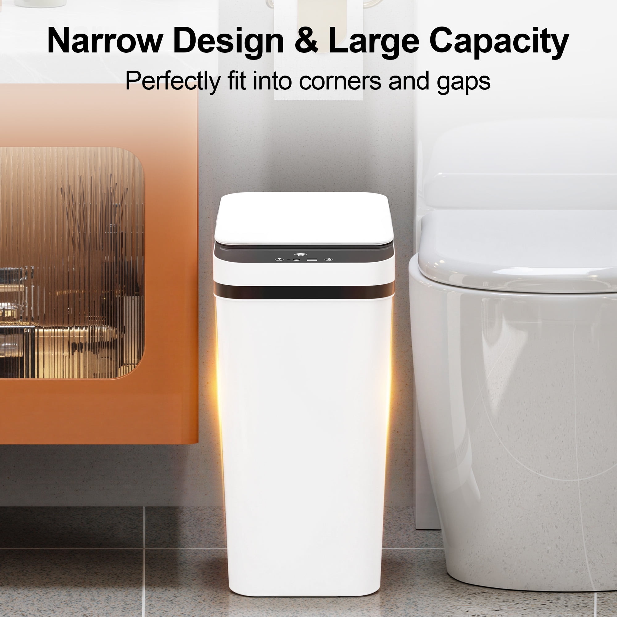 Riousery 2-Pack Touchless Bathroom Trash Can, 3.5-Gallon Slim Automatic Motion Sensor Garbage Can with Lid, White
