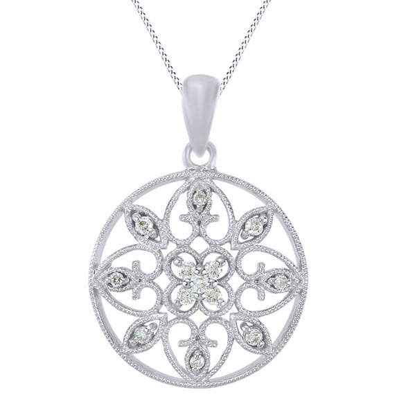 AFFY Round Cut White Natural Diamond filigree Pendant Necklace In 14k White Gold