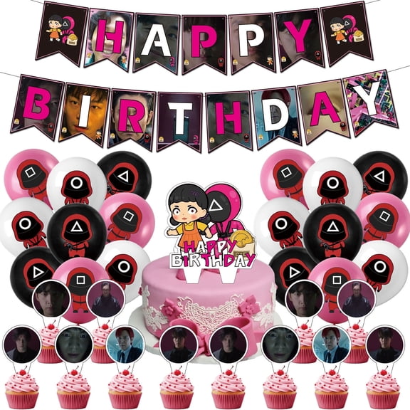 32 PCS For Korean Theme For Games Party Decorations Set,With 1 Happy Birthday Banner,18 Balloons,13 Cupcake Toppers Balloons,for Boy Girls Party Supplies Set