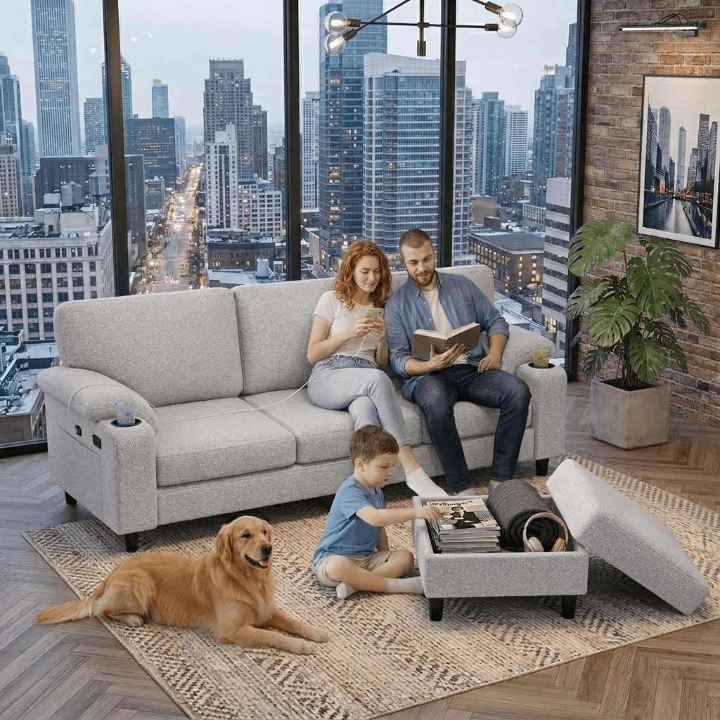 Howcool 80" Convertible Sectional Sofa Couch, L-Shaped Loveseat with Storage Ottoman, USB Ports, Cup Holders & Deep Seats, Modern Teddy Fabric Couch for Apartment Living Room Small Space, Light Grey