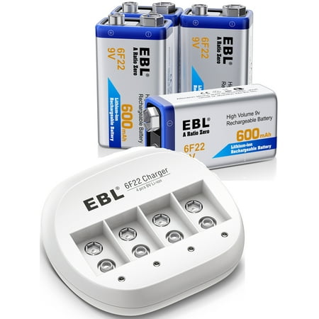 EBL 4-Pack 600mAh 9V 6F22 Lithium-ion Rechargeable Batteries + 4 Bay Li-ion Battery Charger