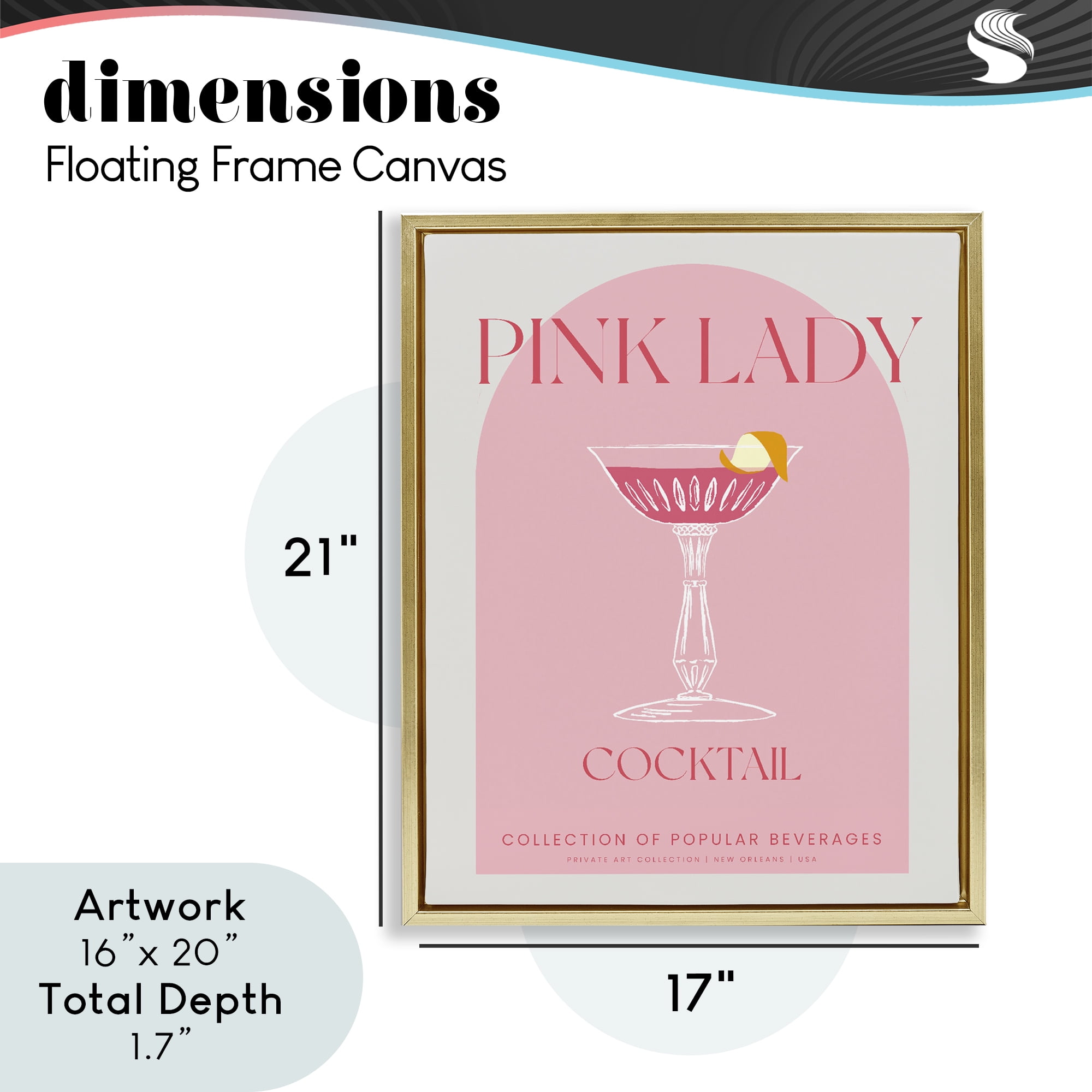 Stylish Retro Pink Lady Gold Framed Floater Canvas Wall Art, design by Lil' Rue