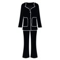 thumbnail image 5 of Two Piece Outfits Women Button Down Cardigan Wide Leg Pants Sets Sweater Knit Loungewear Block Color Lounge Suits (Black S), 5 of 6