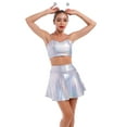 thumbnail image 5 of Women's 3Piece Metallic Outfit Shiny Crop Top + Silver Flared Skirt + Alien Headband Halloween Costume Clubwear Musical Festival Rave Outfit S Holographic Silver- Cami, 5 of 8