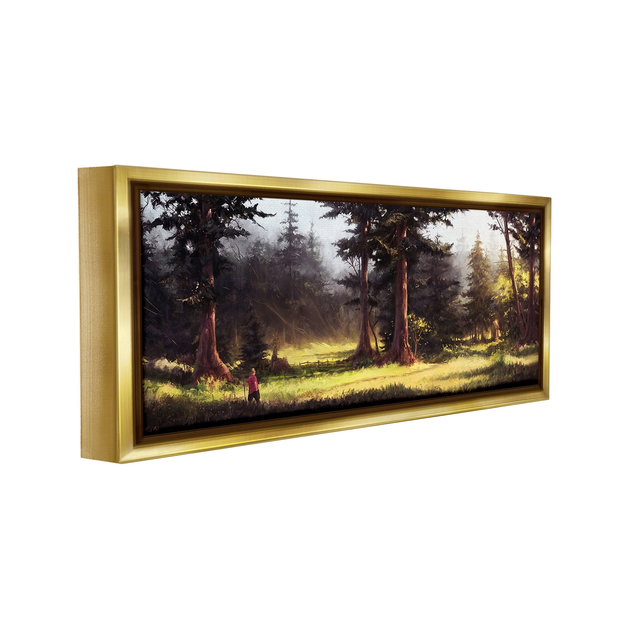 Stupell Industries Hiker in Sunlit Grove Landscape Painting Gold Floater Framed Canvas Art Print Wall Art, 25 x 11