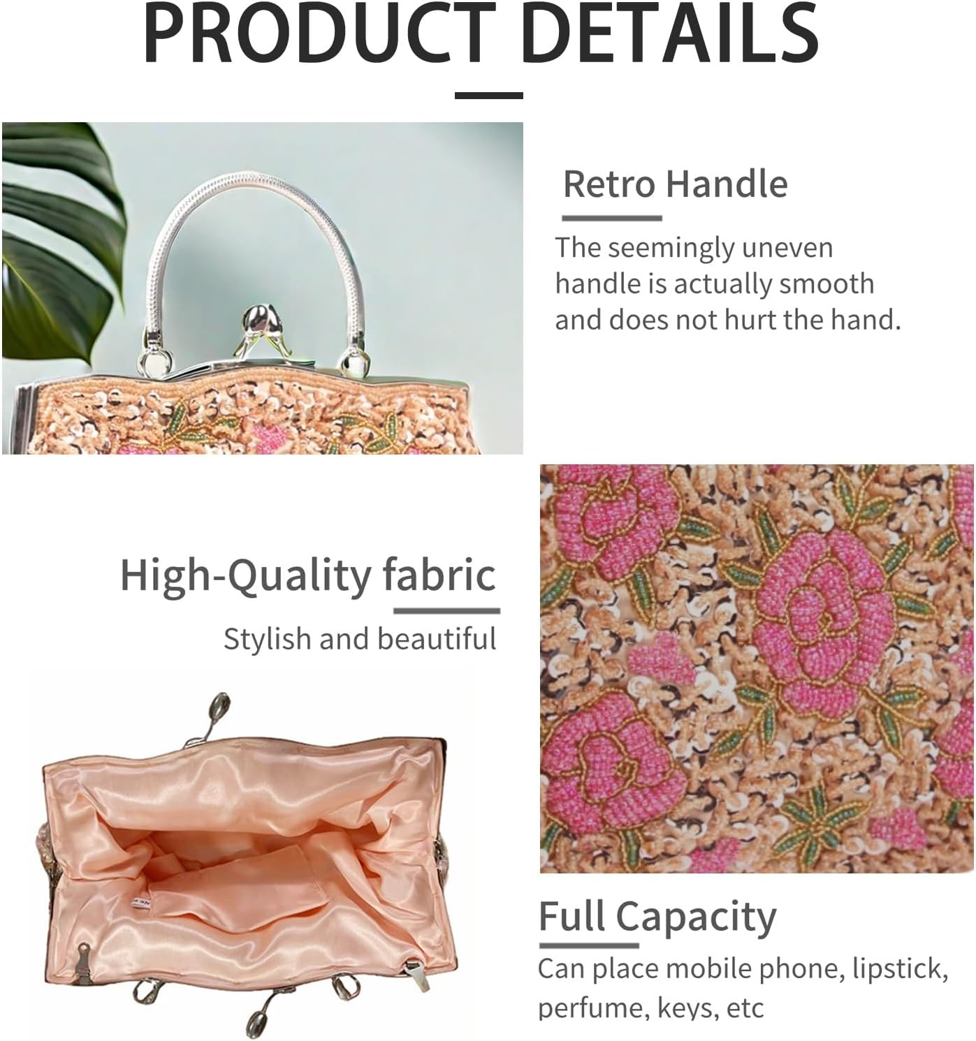 Women's Floral Beaded Embroidered Clutch Purse with Sequins and Detachable Chain - Elegant Evening Bag for Wedding Party