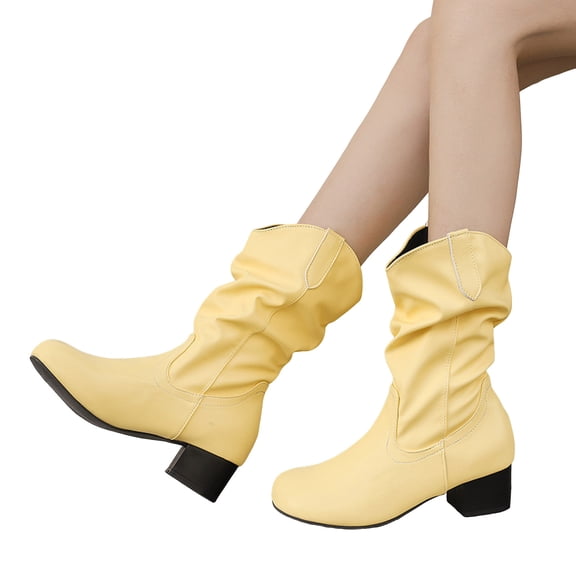 Block Heel Leather Cowboy Boots for Women Fleece Lined Round Toe Slip On Slouchy Wide Calf Western Cowgirl Booties Yellow Size 11
