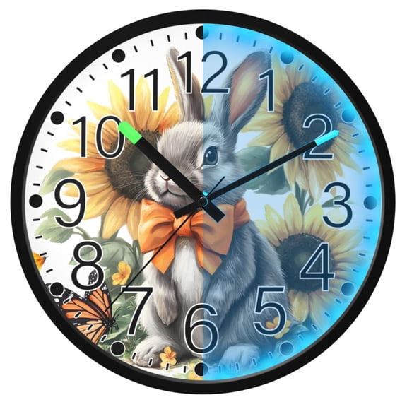 Ryvnso Bunny Sunflower 12 Inch Night Light Wall Clock Silent Battery Operated Luminous Clocks