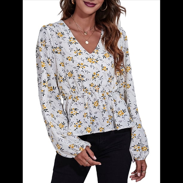 Blusa de Larga para Mujer, Estilo Babydoll, Ligera, de Poliéster, con Cuello en V y Mangas Abullonadas Amarillo M