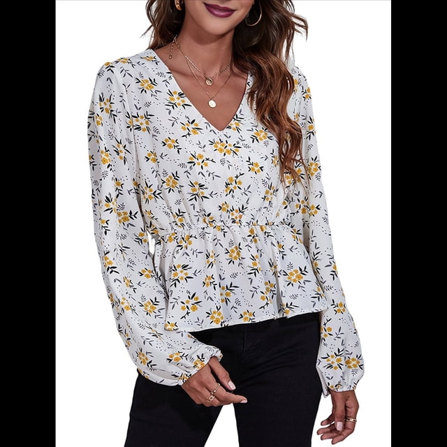 Blusa de Larga para Mujer, Estilo Babydoll, Ligera, de Poliéster, con Cuello en V y Mangas Abullonadas Amarillo L
