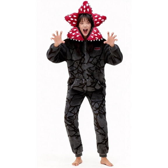 Demogorgon Hooded Jumpsuit Onesie with Red Polka Dot Hood, Black Thermal Fall Winter Sleepwear