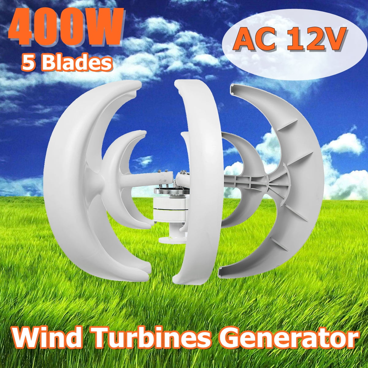 400W AC 12V 5 Blades Lanterns Wind Turbine Generator Vertical Axis Windmill White by