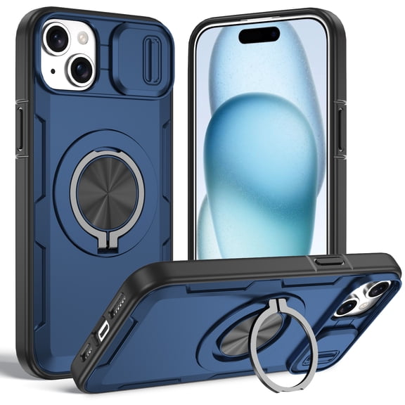 for iPhone 15 Case with Magnetic Wireless Charging, 360° Rotating Ring Stand Ultra Slim Hybrid Shockproof Protective Men Women Phone Case Sliding Camera Lens Cover, Darkblue