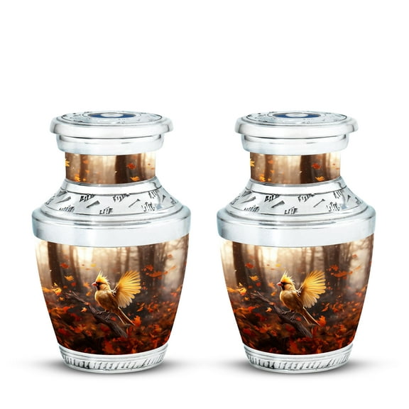 Golden Cardinal Bird Elegant Cremation Urn for Small Portions of Ashes - Mini Memorial Vessel for Loved Ones Funeral Urns For Human Ashes - Memorial Urns 3 Inch, Set Of 2