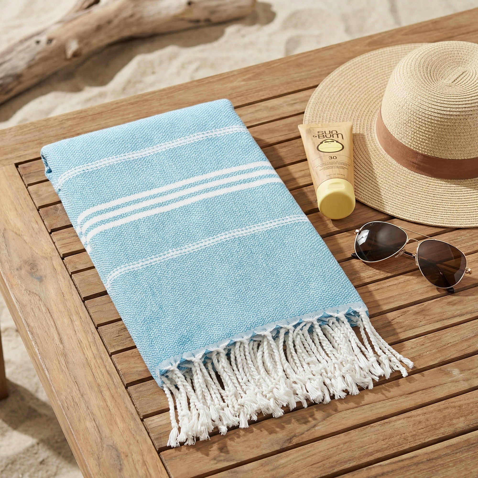 Unique Bargains Stripe Turkish Sand Free Beach Towel 2 Pack Blue/Light Yellow 71"x35"