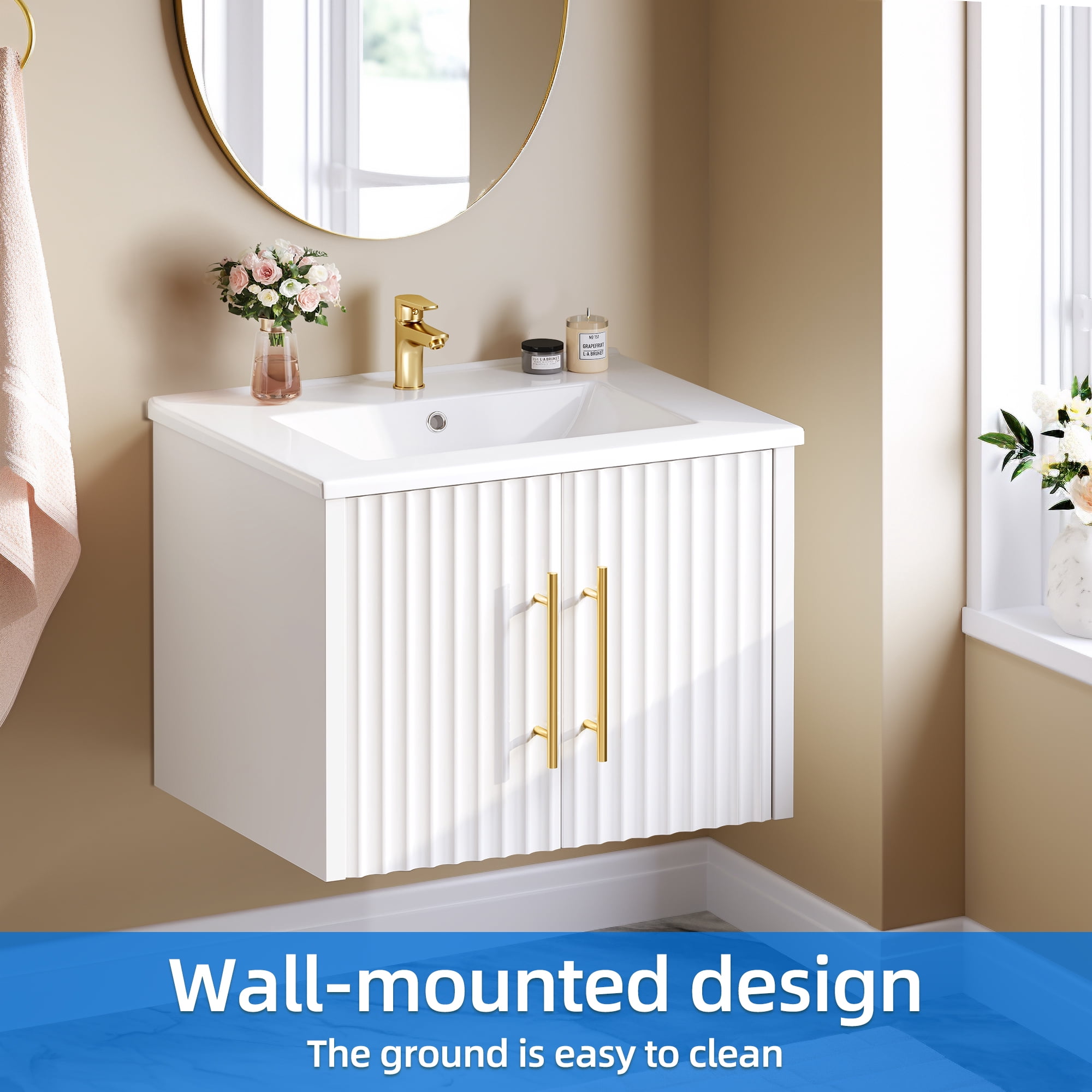 Uforic 23 Inch White Bathroom Vanity with Sink, Wall Mounted Bathroom Sink Storge Cabinet with Drain