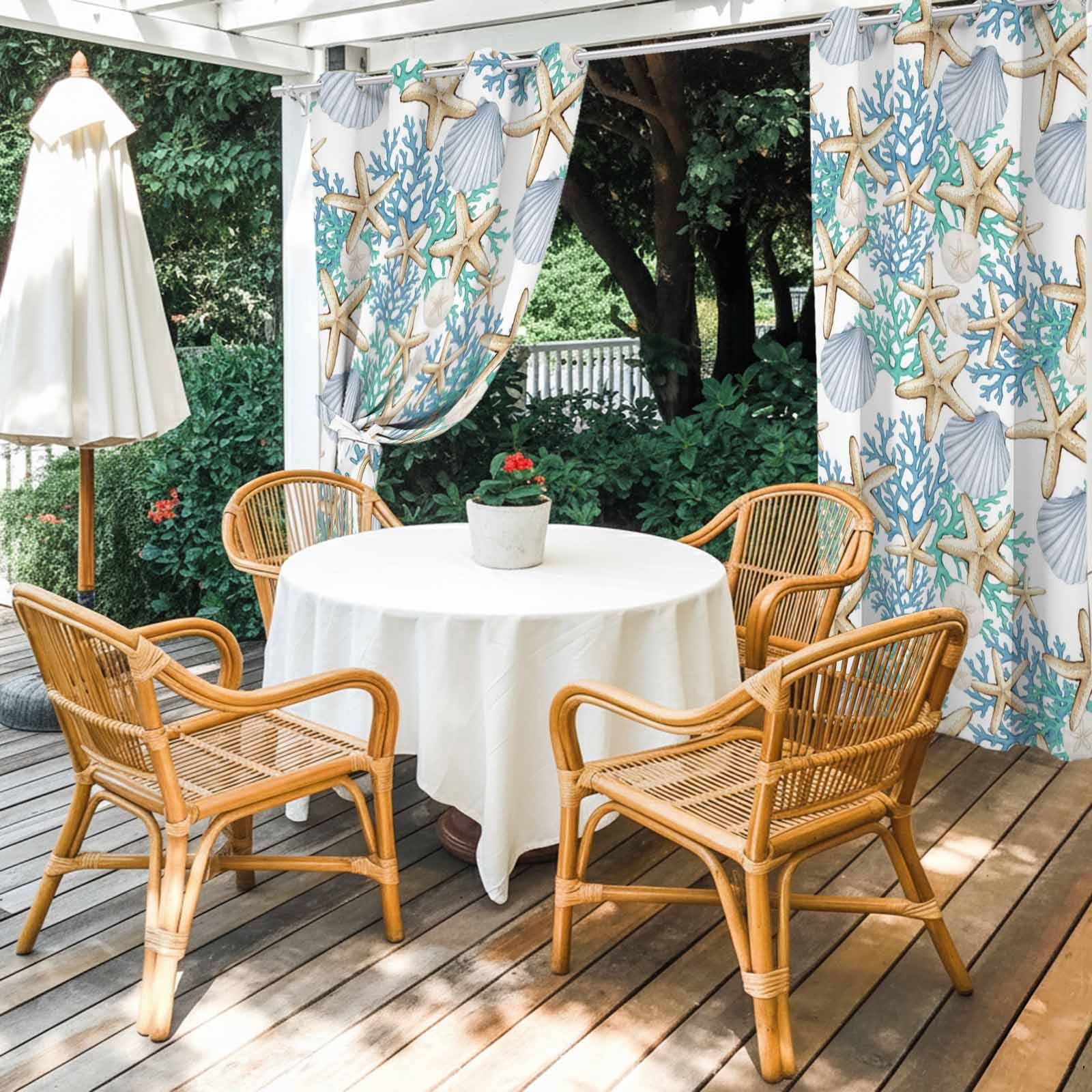 Seashell Starfish Outdoor Curtains for Patio, Coastal Green Blue Coral Sand Dollars Sunshade Privacy Drapes Grommet Waterproof Outside Curtains for Porch/Cabana/Balcony 54"x 95", 2 Panel