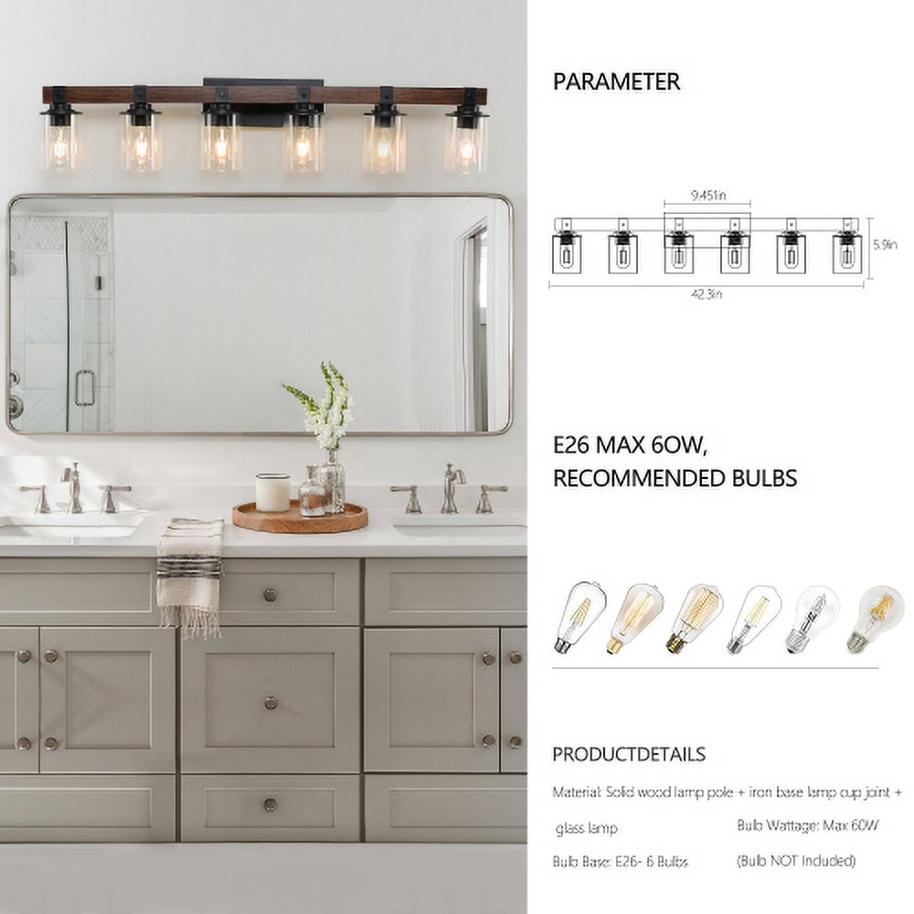 Hi-LIGHTS,6-Lights Farmhouse Rustic Bathroom Light Fixture with Glass Lampshade(Bulbs Not Included),Vanity Lights Fixture for Bathroom,Dressing Room,Bedroom,Living Room(Black)