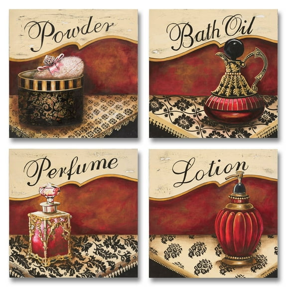 Gango Home Decor Vintage Red Perfume, Bath Oil, Lotion and Powder Adult Set; 4-12"x12" Portrait Unframed Posters