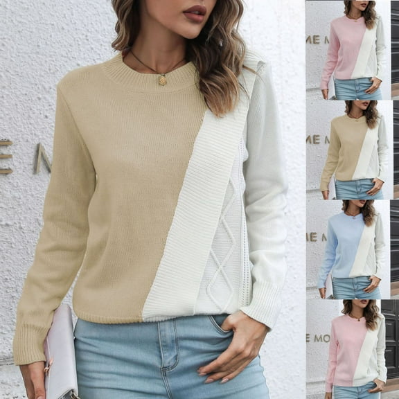 Utoimkio Pullover Sweaters for Women Long Sleeve Crewneck Color Block Sweater Winter Knitted Outwear Jumper Tops