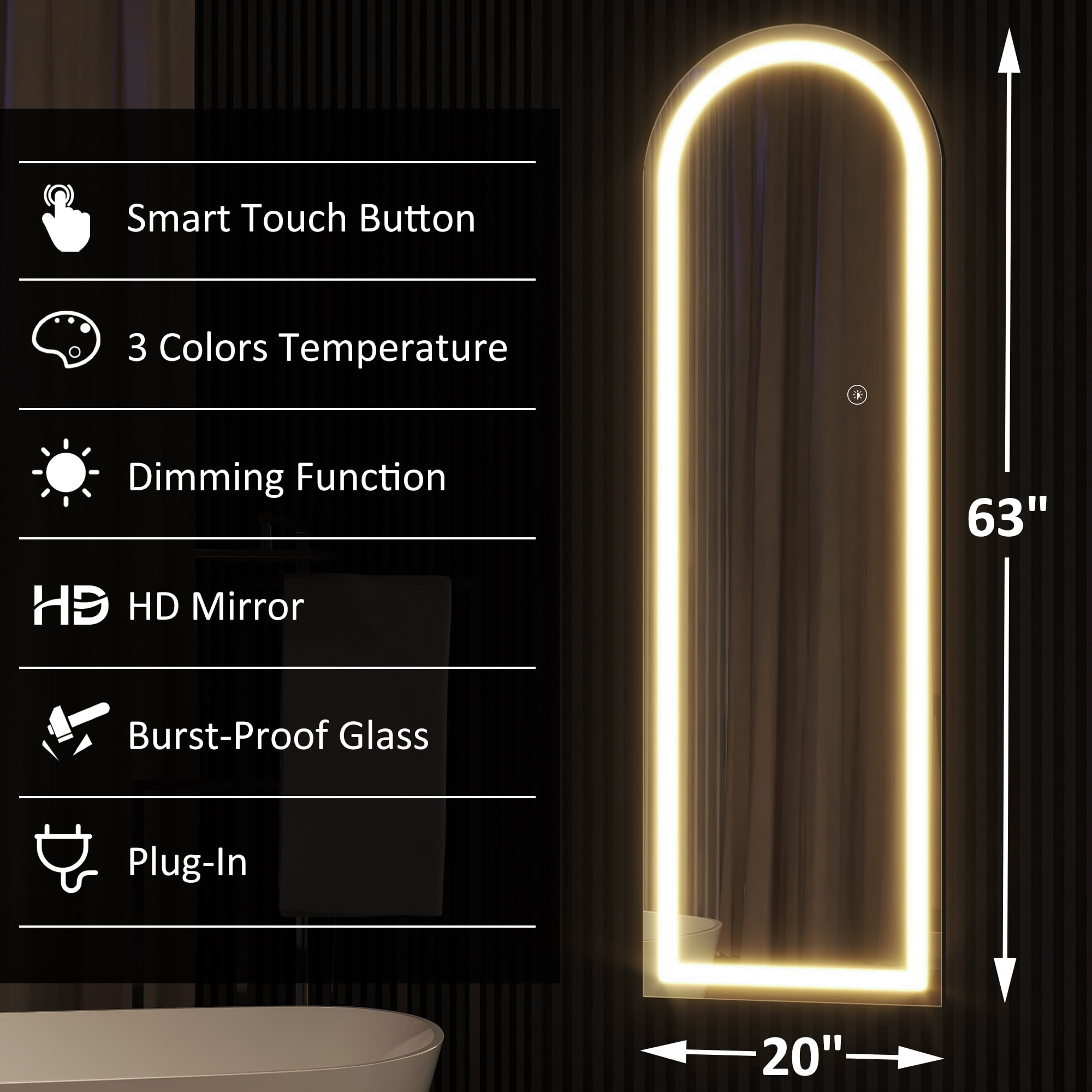 63"x20" LED Floor Mirror Aluminum Alloy Frame Arched Full Length Mirror with Bracket,Black
