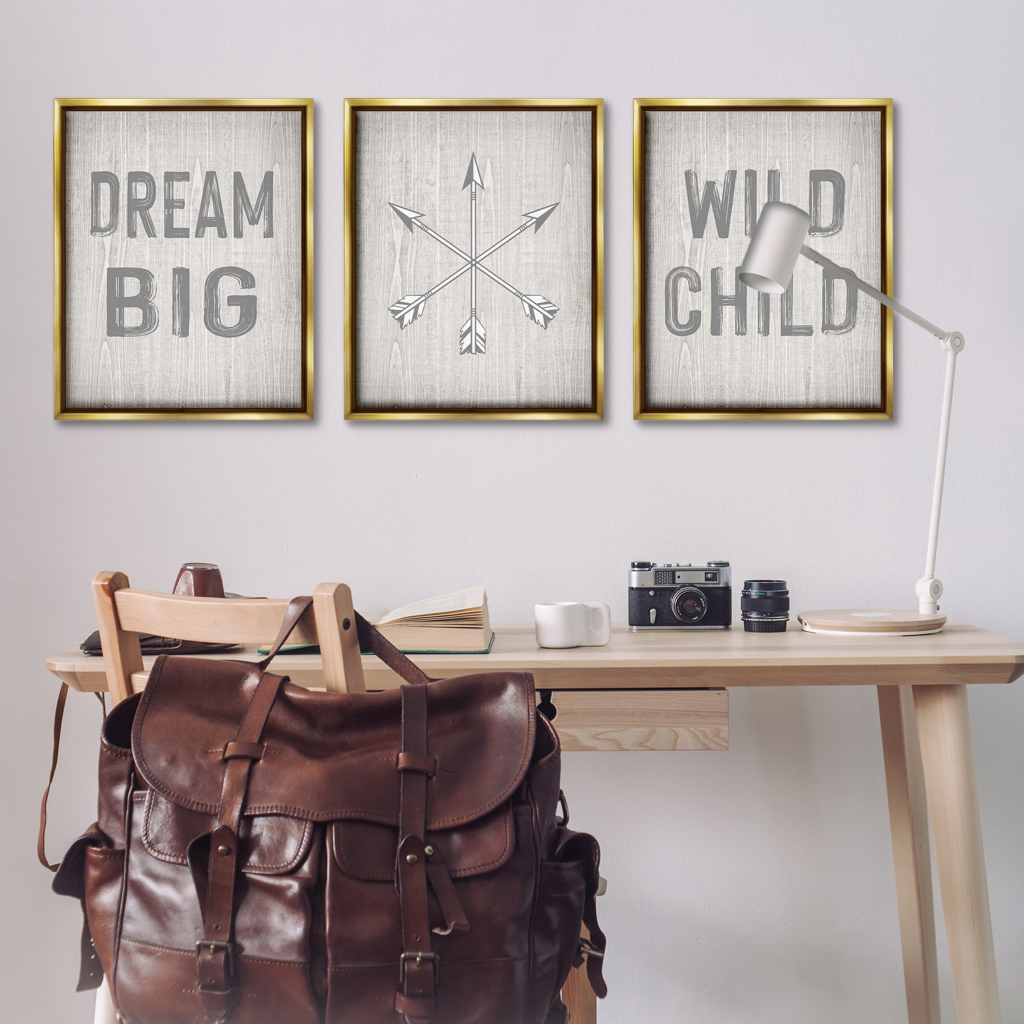 Stupell Industries Dream Big Boho Arrows Text & Numbers Painting Gold Floater Framed Canvas Art Print Wall Art, 25 x 31, Set of 3
