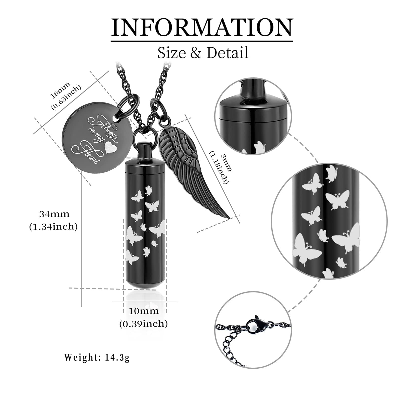 Personalize Cylinder Urn Ashes Necklace for Women Men Butterfly Cremation Jewelry Ash Loved One Memorial Angel Wing Pendant