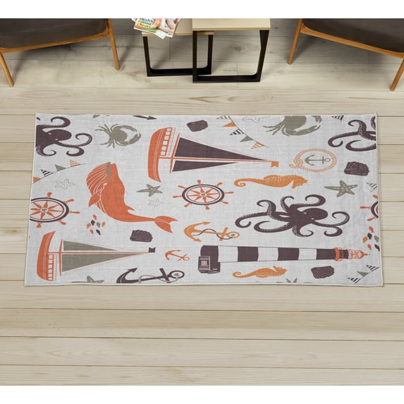 Nautical Decorative Rug, Pastel Colored Composition of Lighthouse Sailboat Fish Shells Octopus, Quality Carpet for Bedroom Dorm and Living Room, 6 Sizes, Dark Mauve and Orange, by Ambesonne