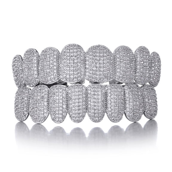Saintda Teeth Grillz Prong With Bling AAA CubicStones Silver Color Eight Top & Bottom Vampire Grills Set For Hip Hop Gift