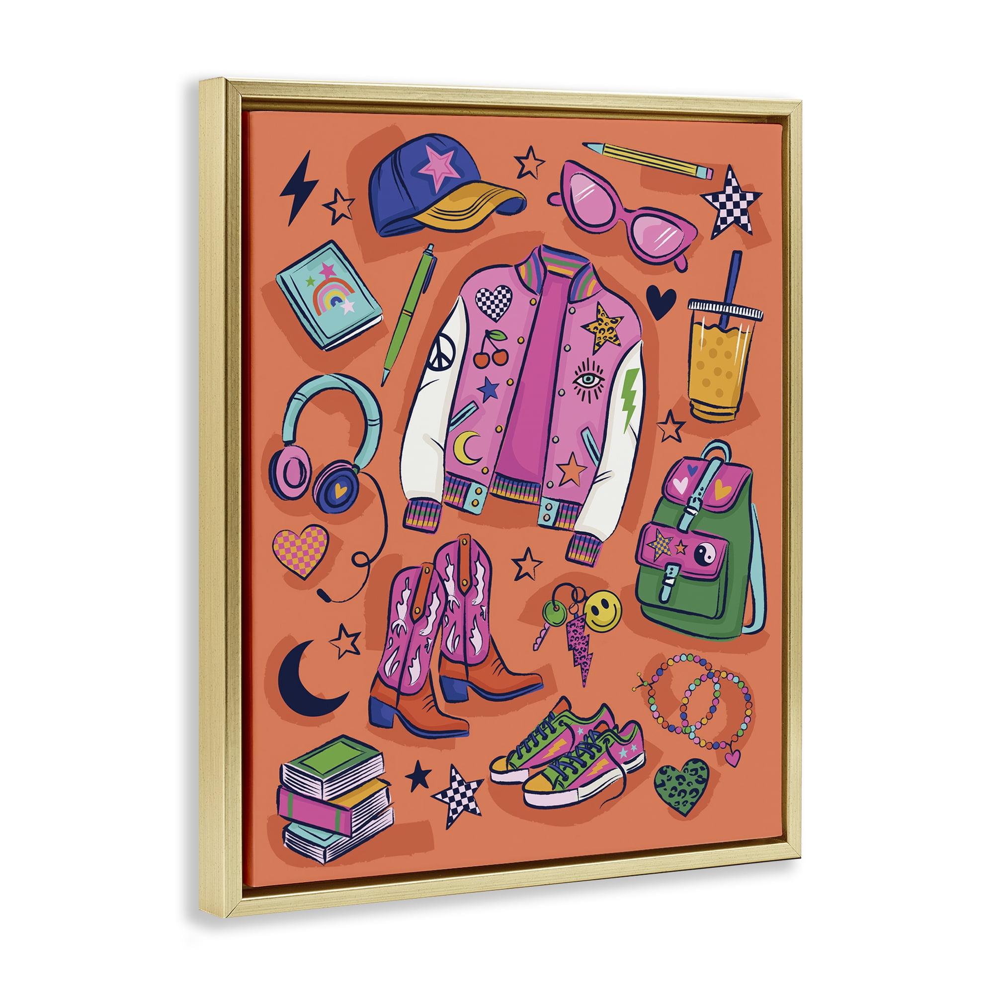 Stupell Industries Bright Fashion School Essentials Fashion Painting Gold Floater Framed Canvas Art Print Wall Art, 25 x 31