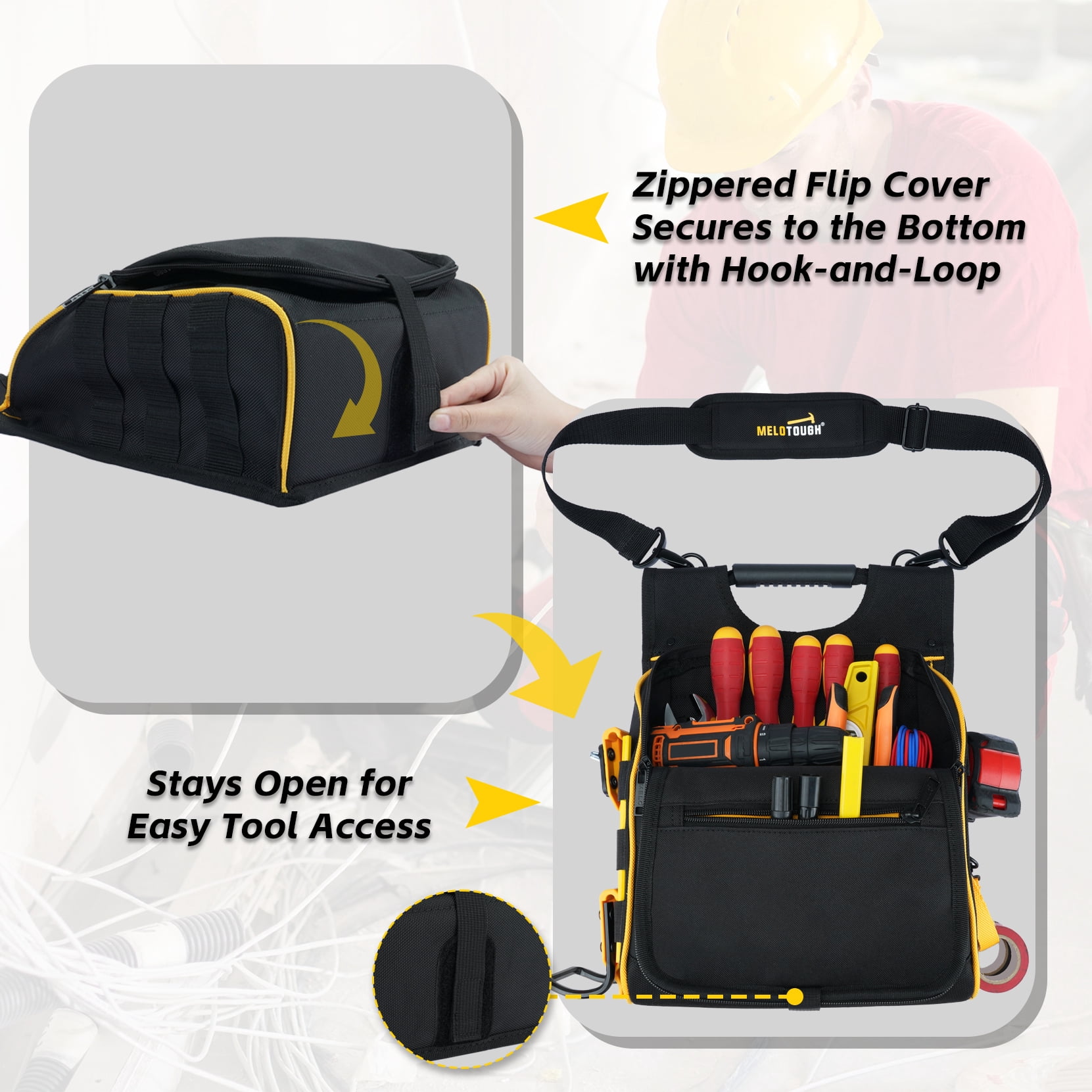 MELOTOUGH Electrician Tool Pouch with Shoulder Strap, Zippered Flip Cover Tool Pouch Bag with Multiple Storage Pockets for Electricians, Technicians, Maintenance