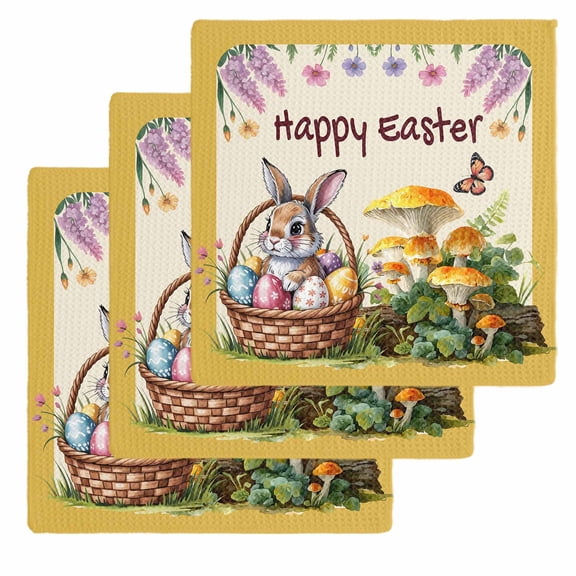 Happy Easter Kitchen Dish Towels for Drying Dishes Set of 3, Rabbit Eggs Spring Mushrooms Flowers Yellow Waffle Weave Microfiber Hand Tea Bathroom Towels Quick Dry & Absorbent Towel 12x12