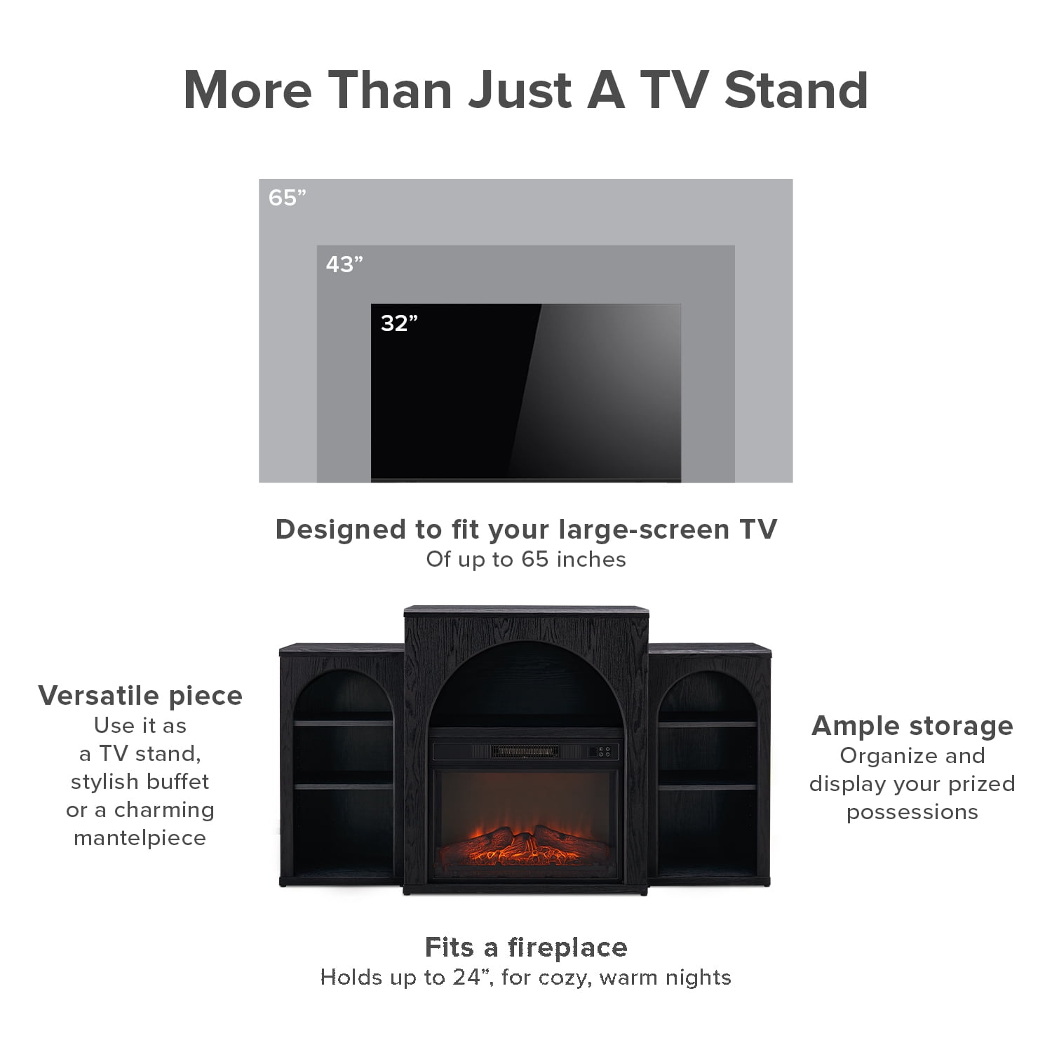 Mopio Blake 59" Arched TV Stand, Fireplace Mantel, Modular Side Storage Shelves, Entertainment Center for Living Room, Credenza, Media Console (Black, No Insert)