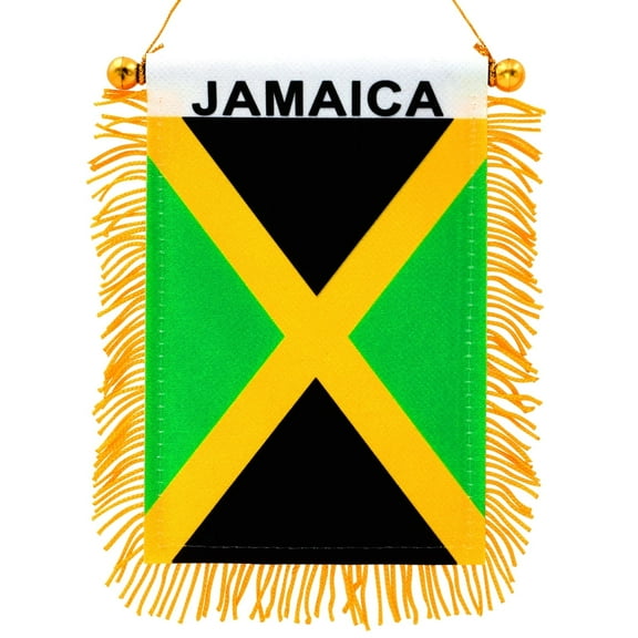 Anley 4 X 6 Inch Jamaica Fringy Window Hanging Flag - Mini Flag Banner & Car Rearview Mirror Décor - Fringed & Double Sided - Jamaica Hanging Flag with Suction Cup