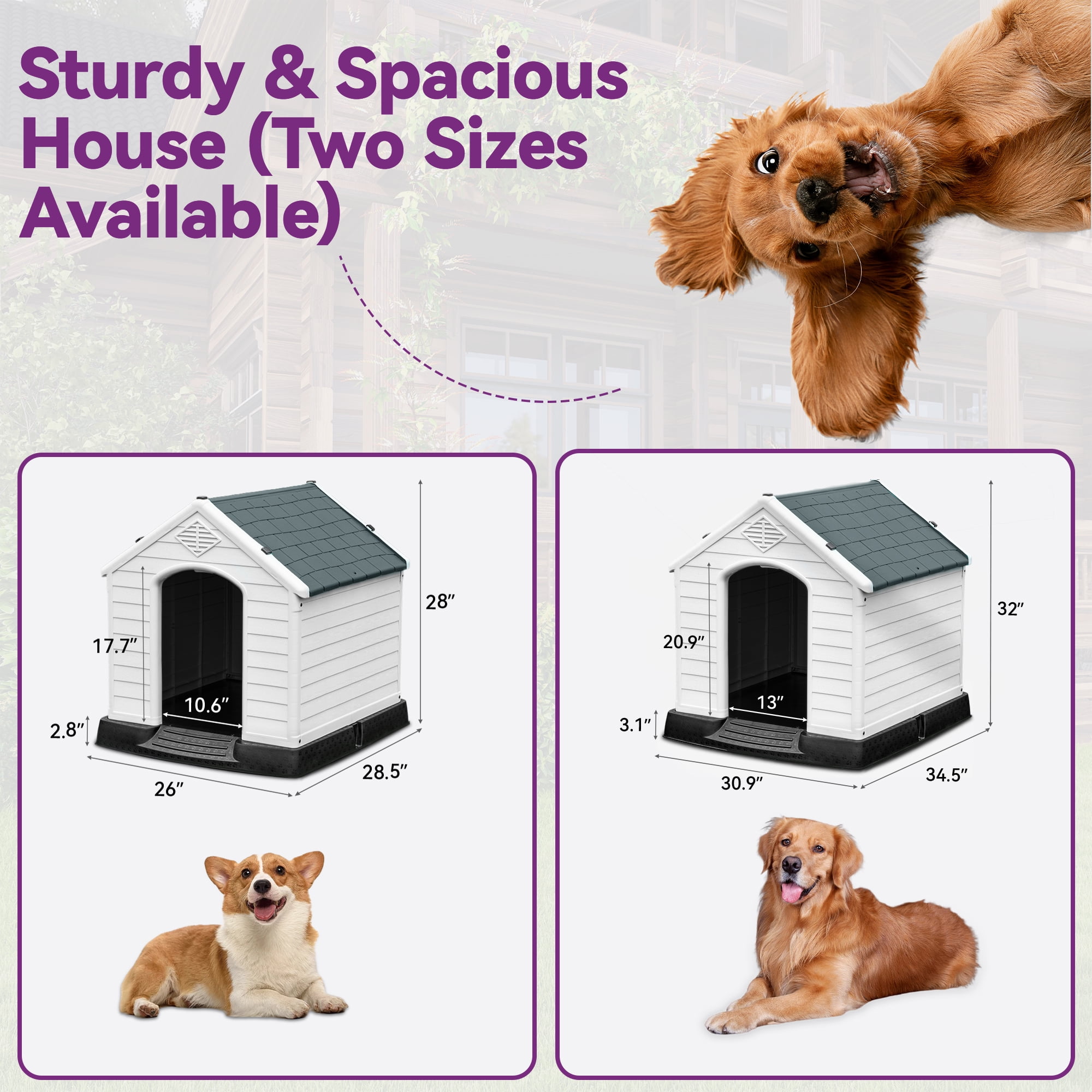 Dextrus Large Plastic Dog House Outdoor Indoor Dog Puppy Shelter Water Resistant with Air Vents and Elevated Floor(28.5'L*26''W*28''H, Gray)