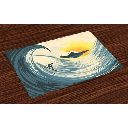 

Ocean Placemats Set of 4 Illustration of Cloudy Sky Tropical Island Wave and Surfer At Sunset Seascape Washable Fabric Place Mats for Dining Room Kitchen Table Decor Beige Yellow Navy by Ambesonne