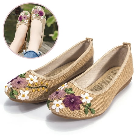 

DODOING Women s Casual Fit Flat Office Shoes Non-Slip Flat Walking Shoes with Delicate Embroidery Flower Slip On Flats Shoes Round Toe Ballet Flats (4-10 Size)-Khaki